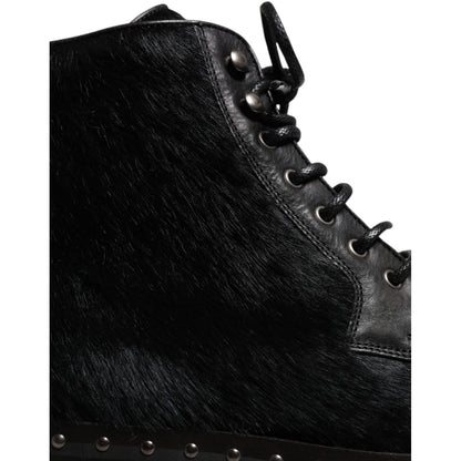 Dolce & Gabbana Black Pony Style Leather Mid Calf Boots Shoes