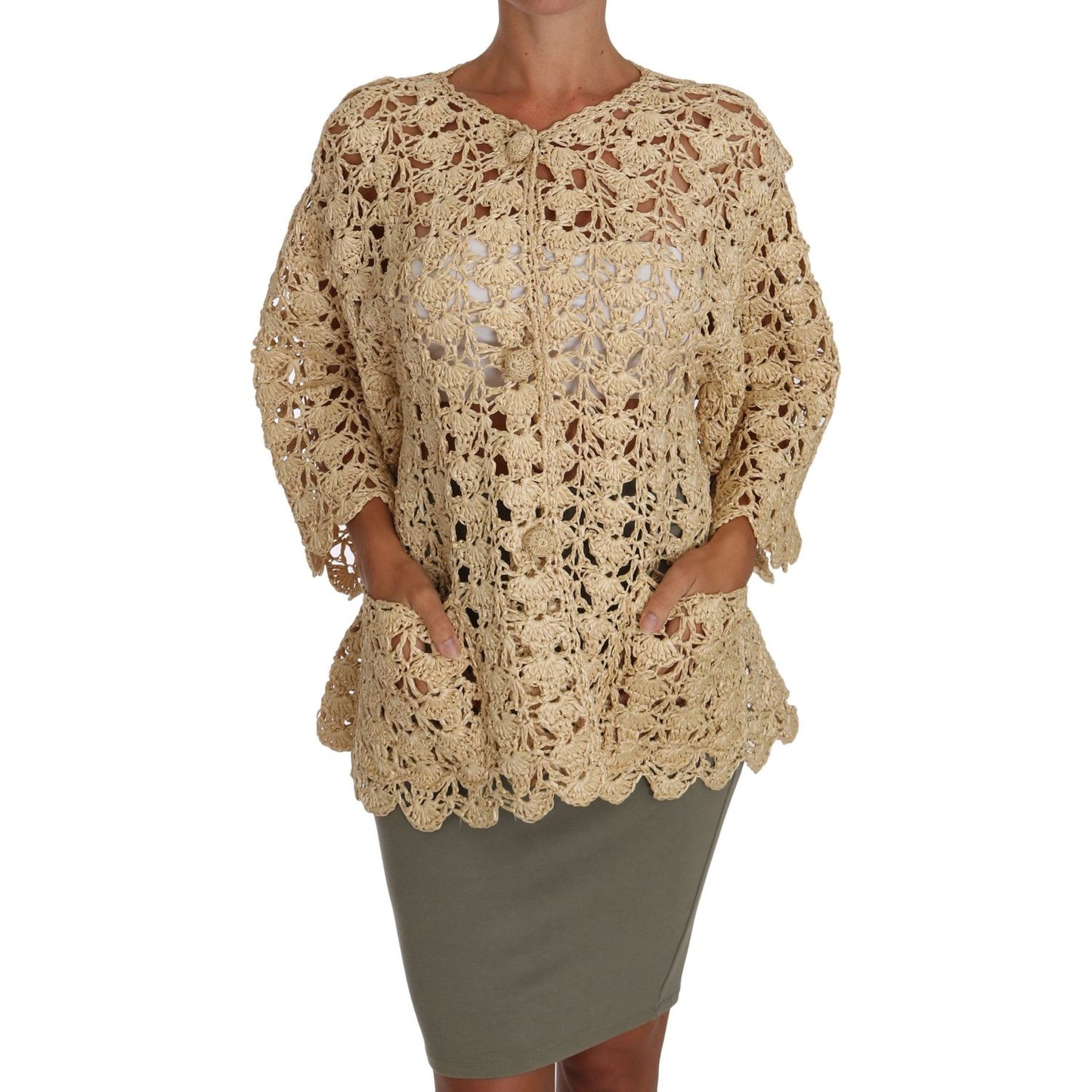 Dolce & Gabbana Beige Cardigan Crochet Knitted Raffia Sweater