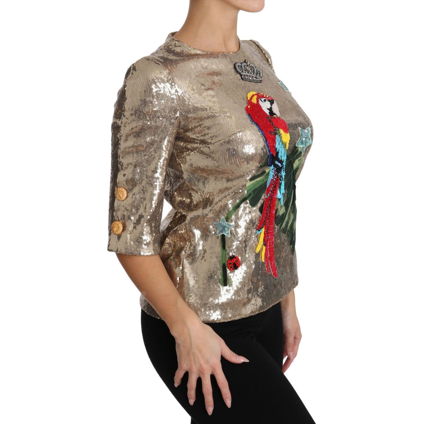 Dolce & Gabbana Gold Parrot Motif Crewneck Blouse with Crystals Dolce & Gabbana