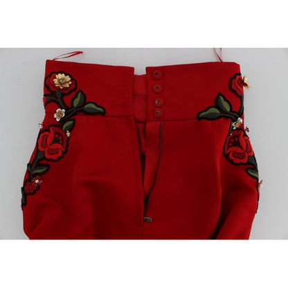 Dolce & Gabbana Red Silk Crystal Roses Shorts