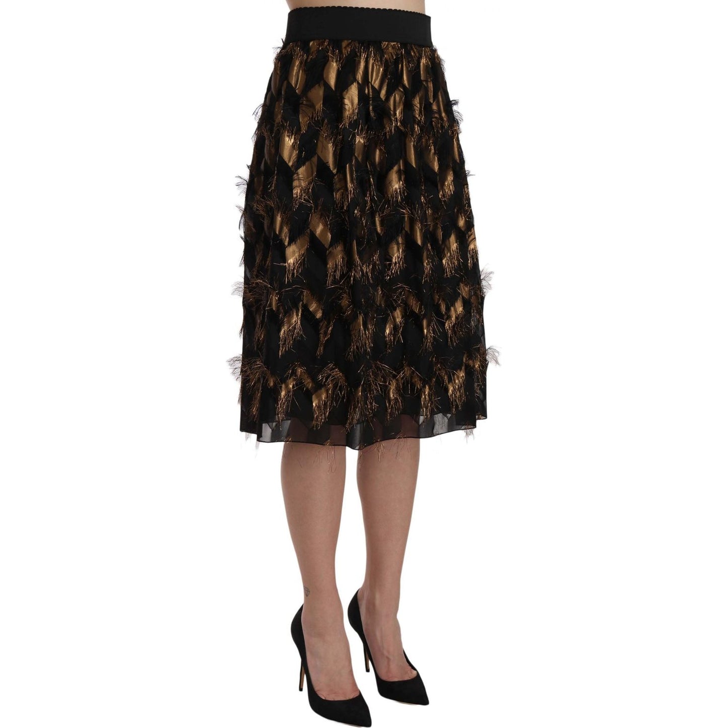 Dolce & Gabbana Elegant Gold Black Silk Blend High Waist Skirt Dolce & Gabbana