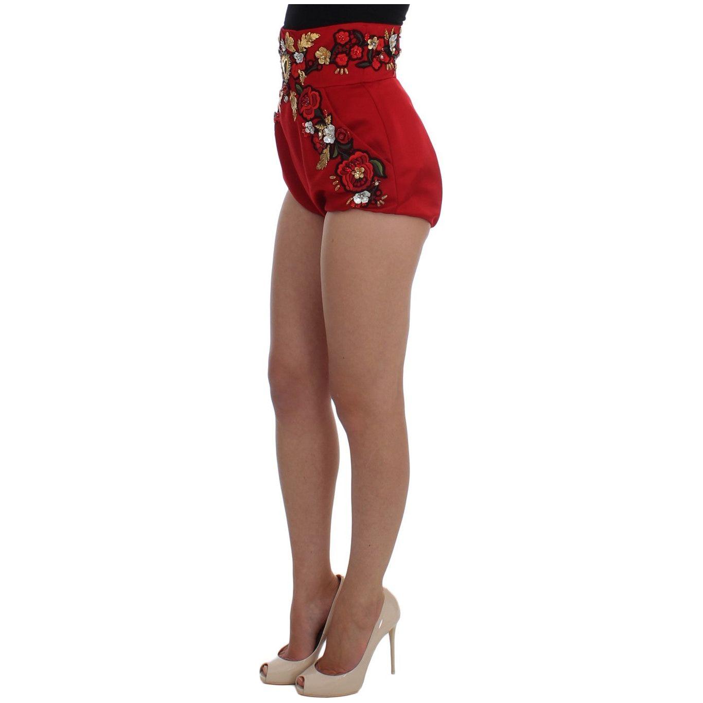 Dolce & Gabbana Red Silk Crystal-Embellished High Waist Shorts Dolce & Gabbana