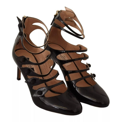 Valentino Black Multi Strap Leather Mid Heels Pumps Shoes