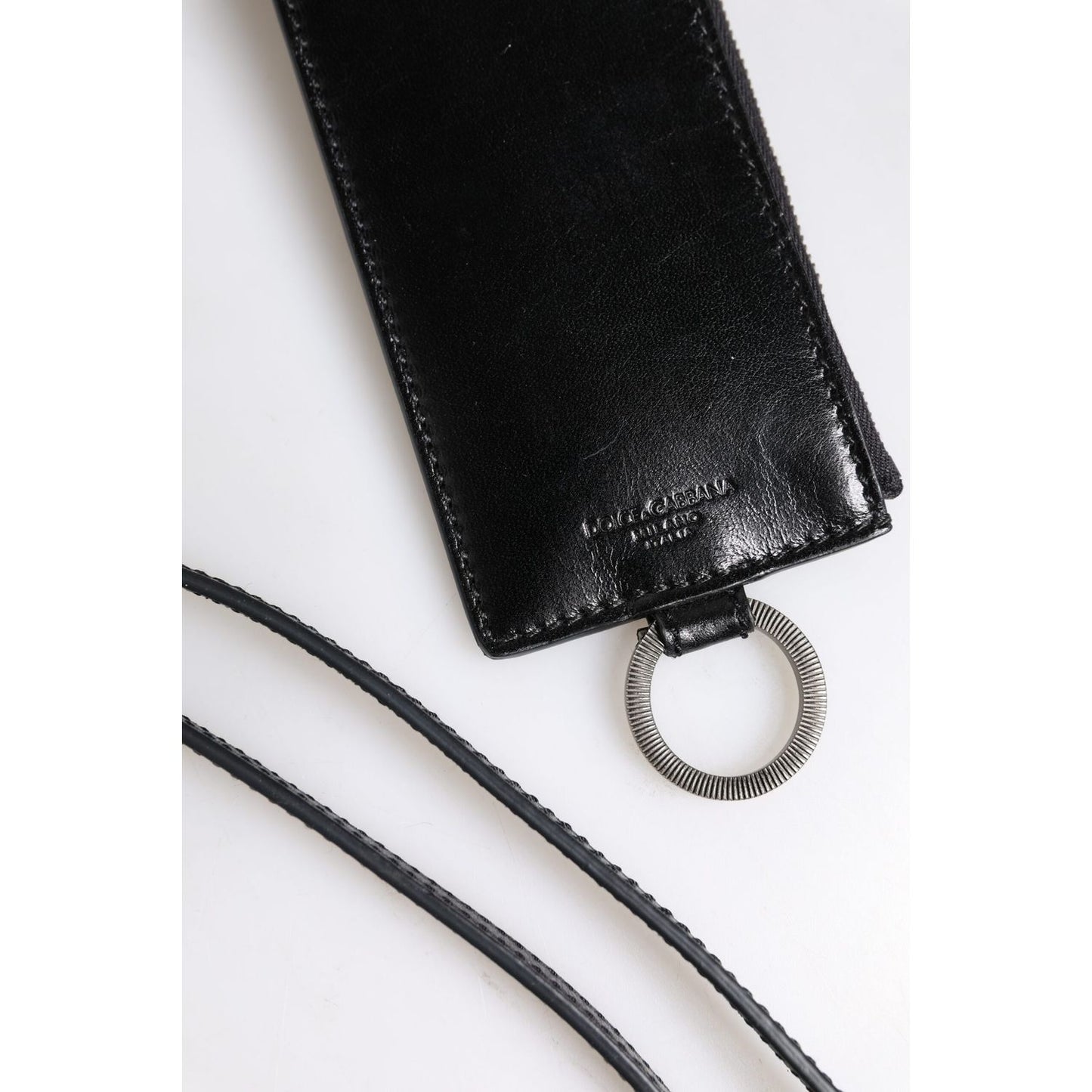 Dolce & Gabbana Black Leather Logo Embossed Lanyard Card Holder Wallet
