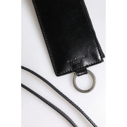 Dolce & Gabbana Black Leather Logo Embossed Lanyard Card Holder Wallet
