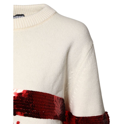 Dolce & Gabbana White Sequined Crew Neck Pullover Sweater