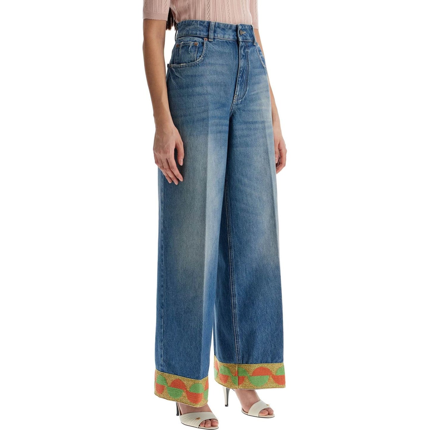 Valentino Garavani wide leg high waist jeans with colorful trim in medium blue Jeans Valentino Garavani