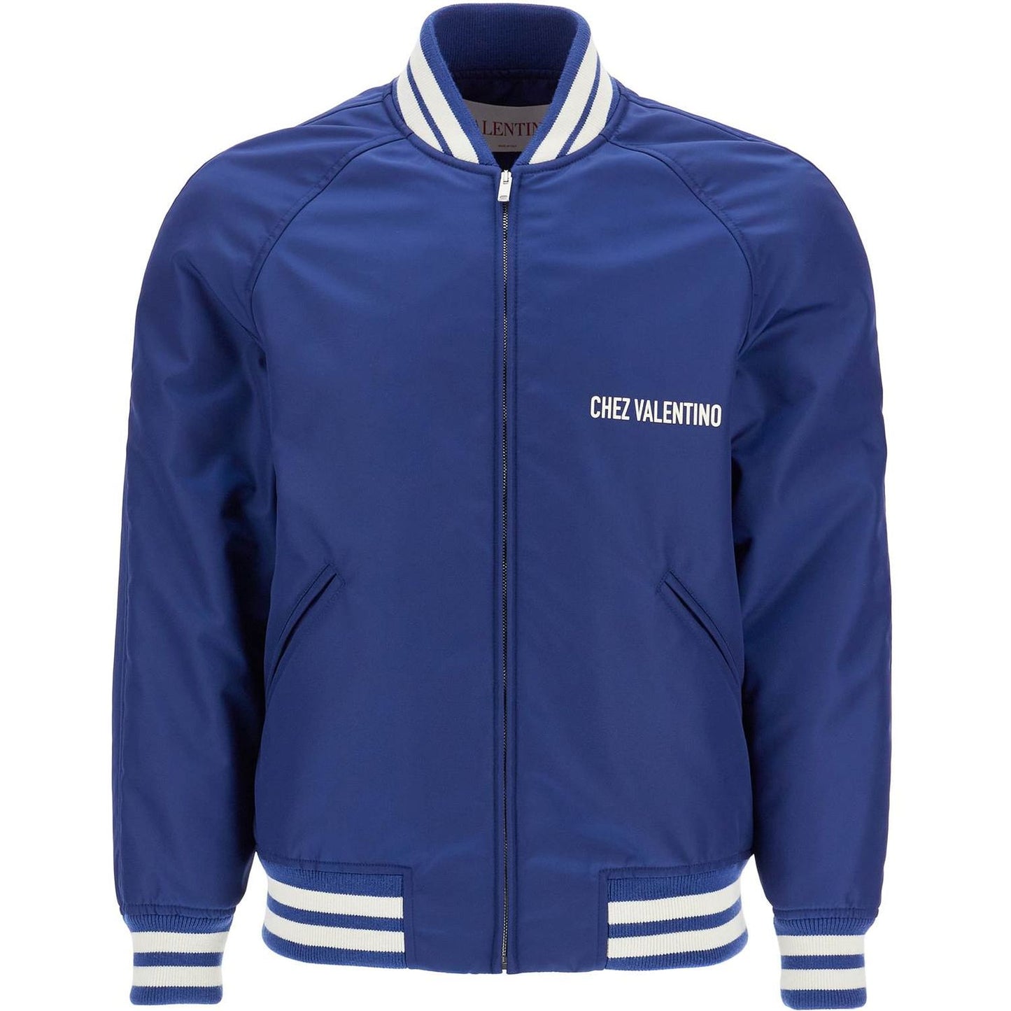 Valentino Garavani blue bomber jacket in printed polyamide with zip and high collar Jackets Valentino Garavani