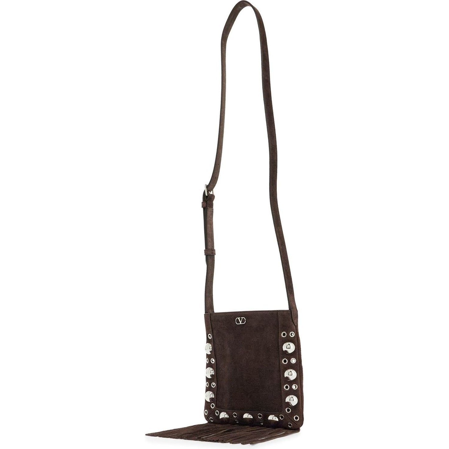 Valentino Garavani small suede crossbody bag in dark brown with studs and fringe Handbag Valentino Garavani