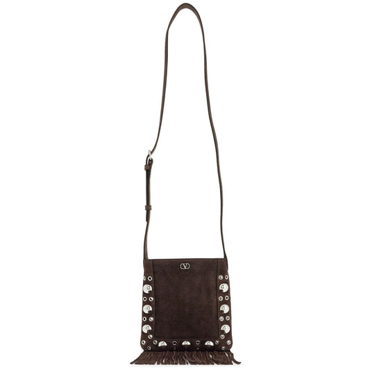 Valentino Garavani small suede crossbody bag in dark brown with studs and fringe Handbag Valentino Garavani