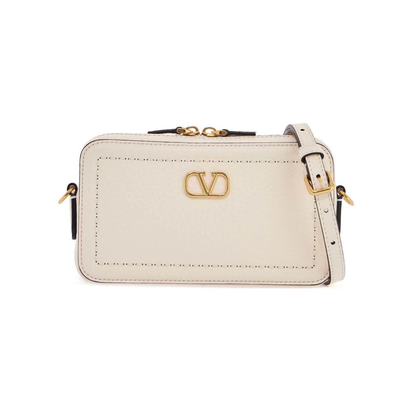 Valentino Garavani mini camera case in ivory leather with adjustable strap and golden details Shopper Valentino Garavani