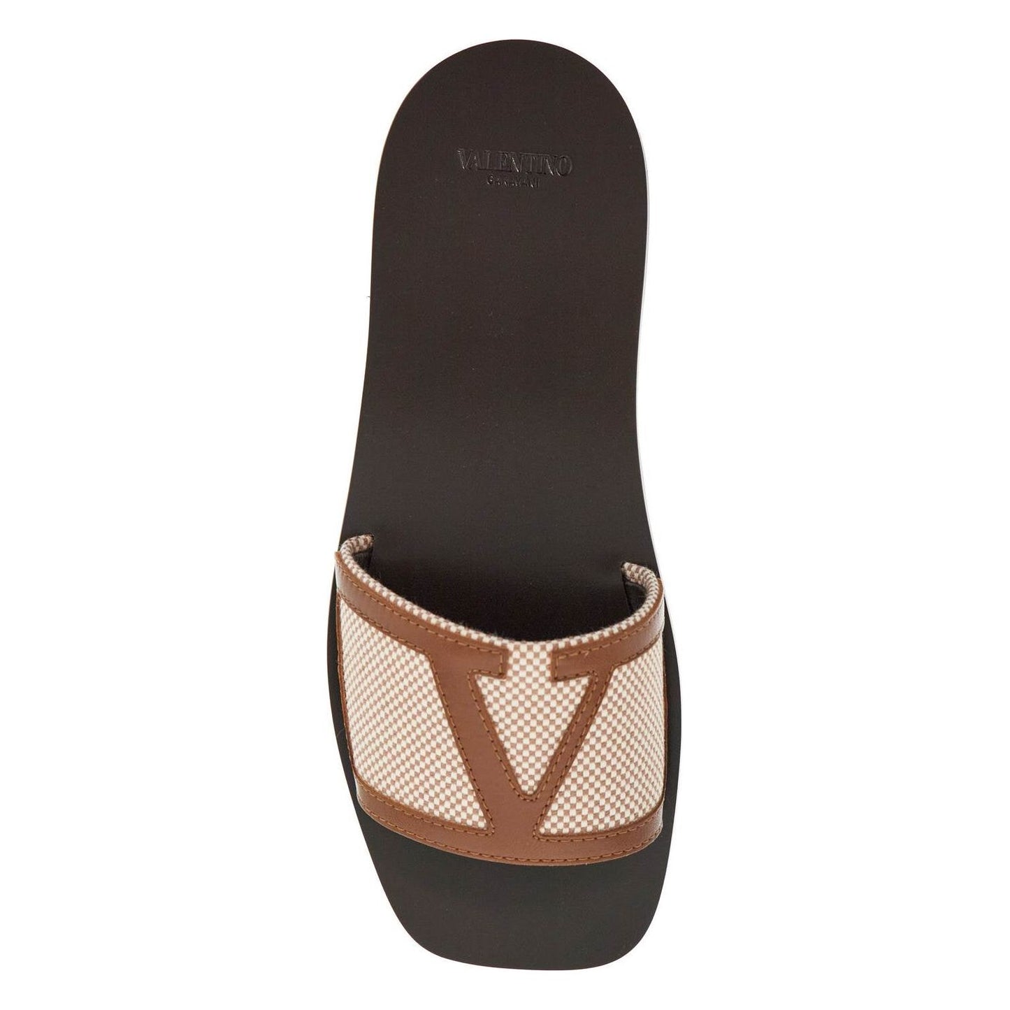 Valentino Garavani women's slippers in natural fabric and leather/tobacco with wide check pattern strap Sandals Valentino Garavani