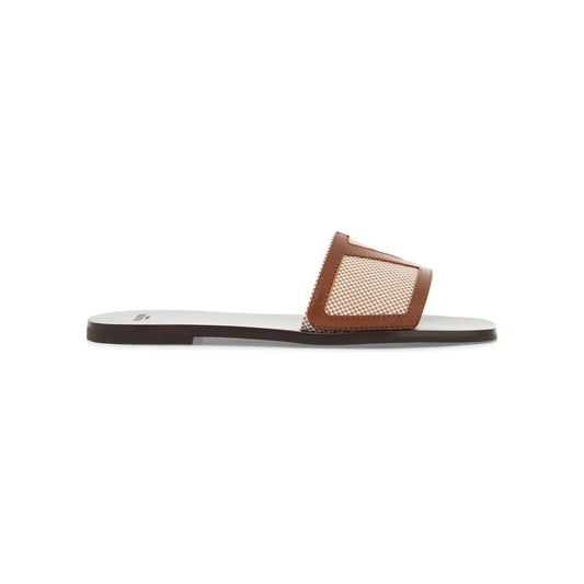 Valentino Garavani women's slippers in natural fabric and leather/tobacco with wide check pattern strap Sandals Valentino Garavani