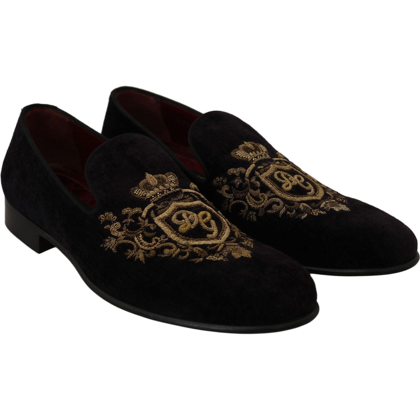 Dolce & Gabbana Loafers Black Velvet Gold Crown
