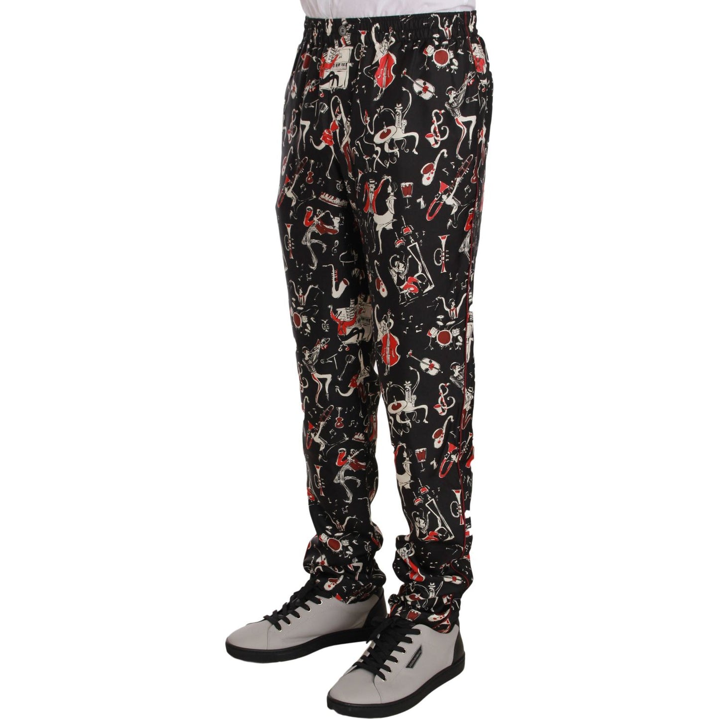 Dolce & Gabbana Elegant Black Silk Lounge Pants with Red Print Dolce & Gabbana