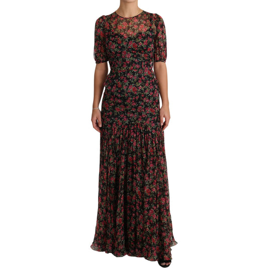 Dolce & Gabbana Elegant Black Silk Floral A-Line Gown Dolce & Gabbana