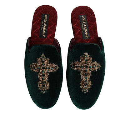 Dolce & Gabbana Green Velvet Cross Embellished Slippers Shoes