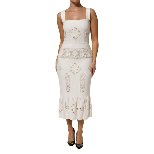 Dolce & Gabbana White Floral Lace Sleeveless Midi Dress