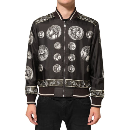 Dolce & Gabbana Black "Monete" Coin Print Silk Bomber Jacket