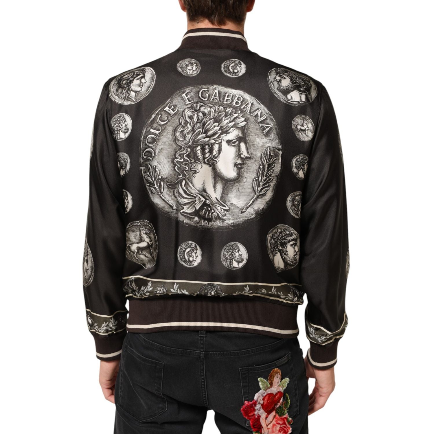 Dolce & Gabbana Black "Monete" Coin Print Silk Bomber Jacket