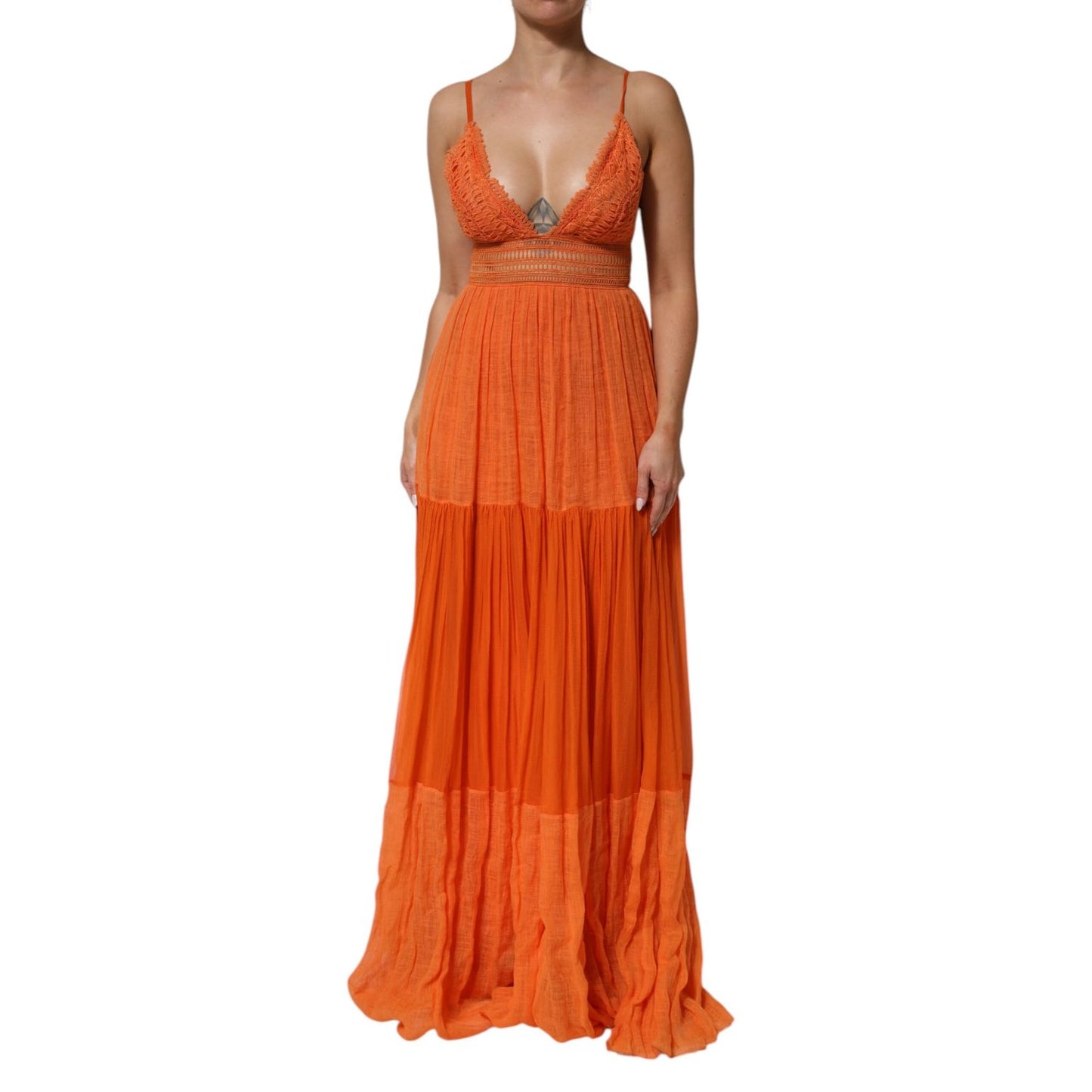 Alberta Ferretti Orange Lace Bustier Layered Maxi Dress