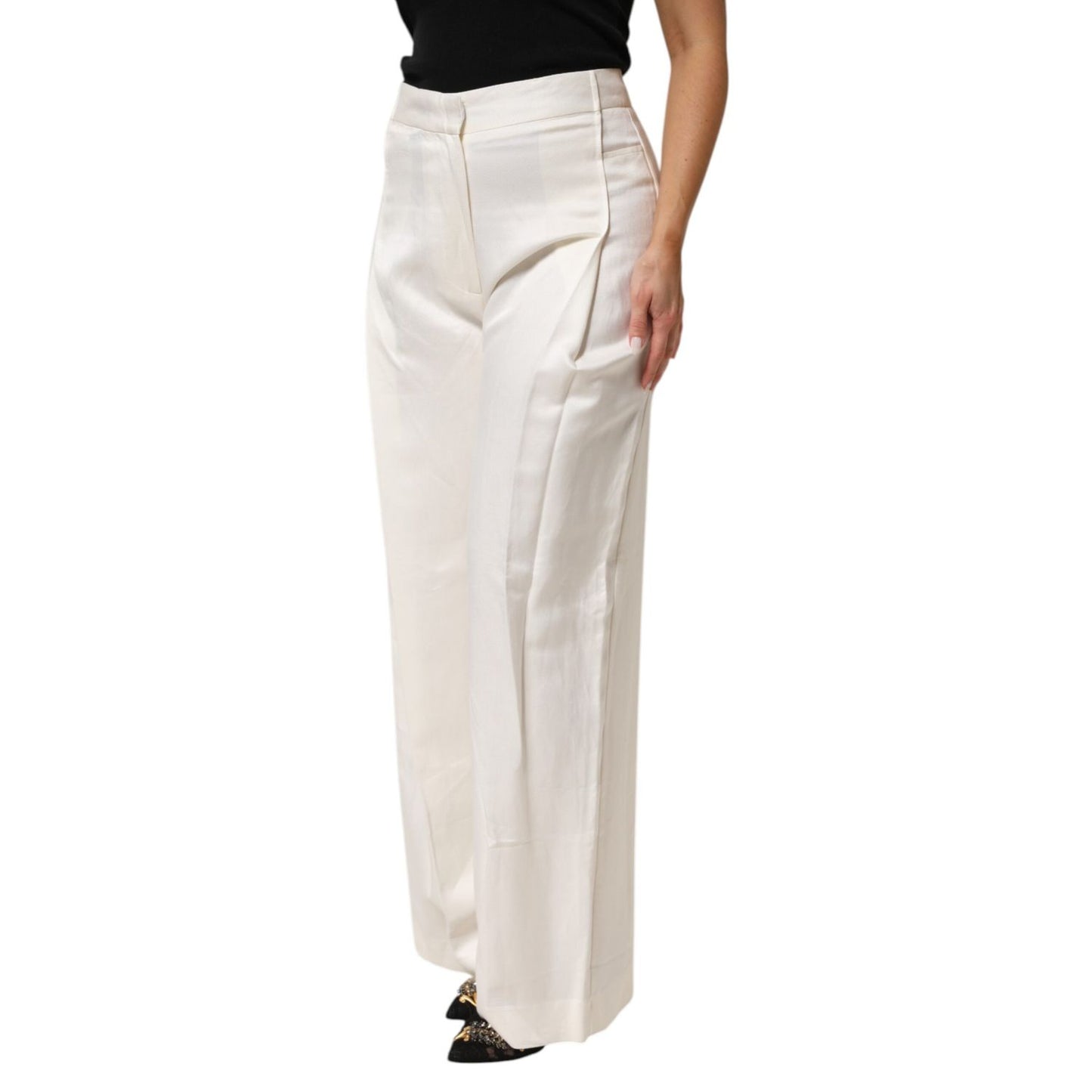 Brian Dales White Viscose Linen Wide Leg Palazzo Womens Pants