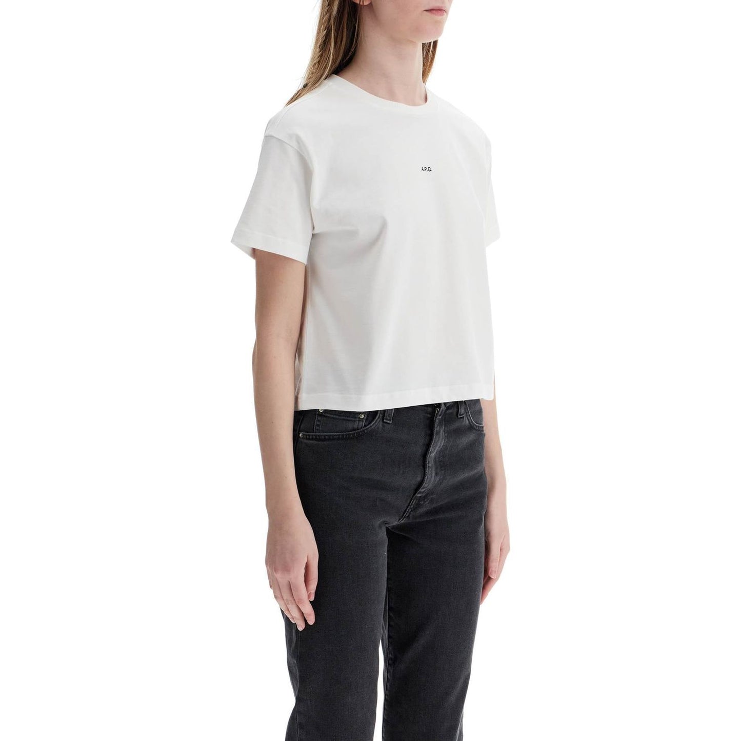 A.P.C. women's organic cotton white boxy cropped t-shirt with micro embroidered logo gots Topwear A.P.C.