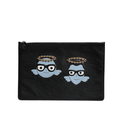 Dolce & Gabbana Black Leather #DGFAMILY Embellished Men Zip Pouch Bag