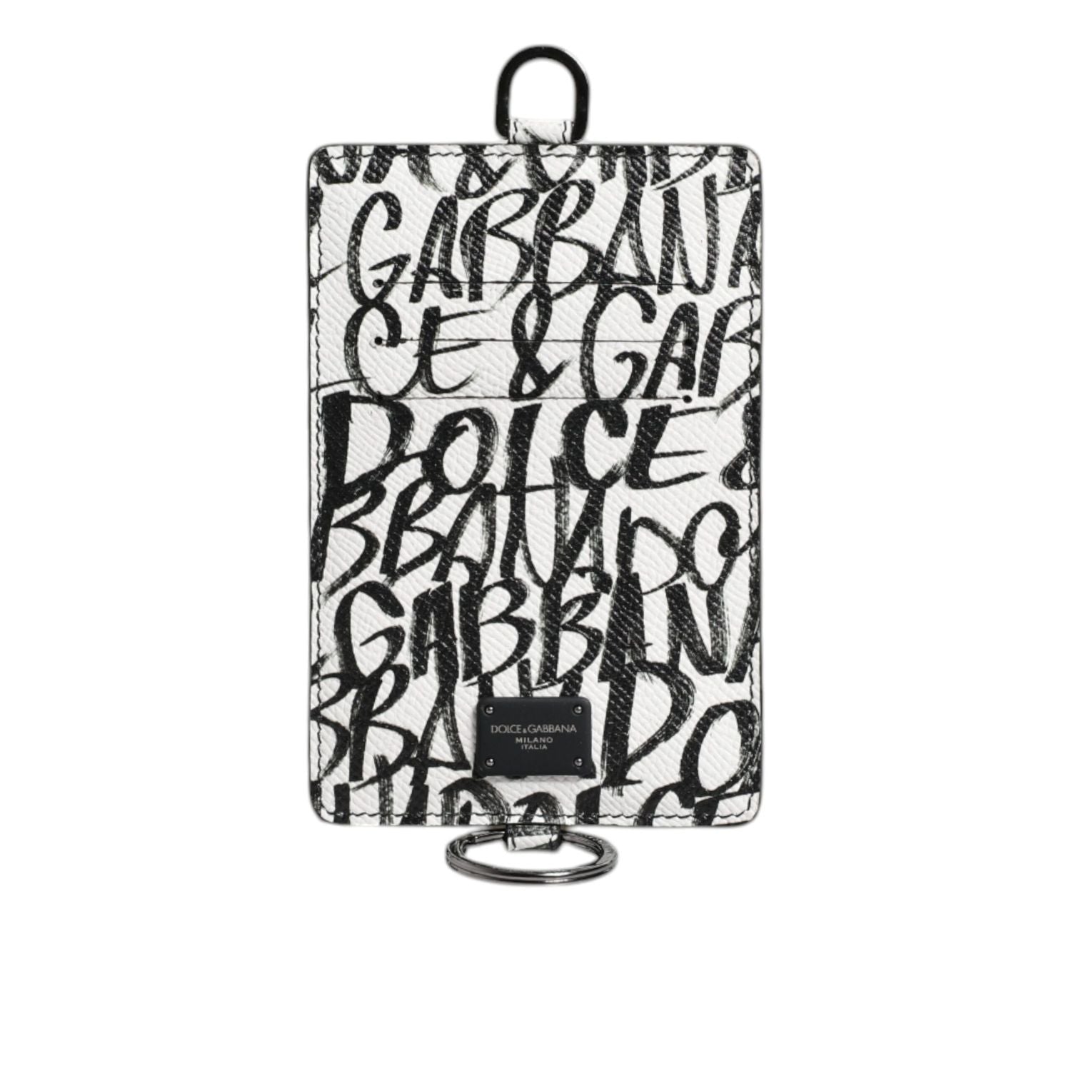 Dolce & Gabbana White Leather Lanyard Logo Print Card Holder Wallet