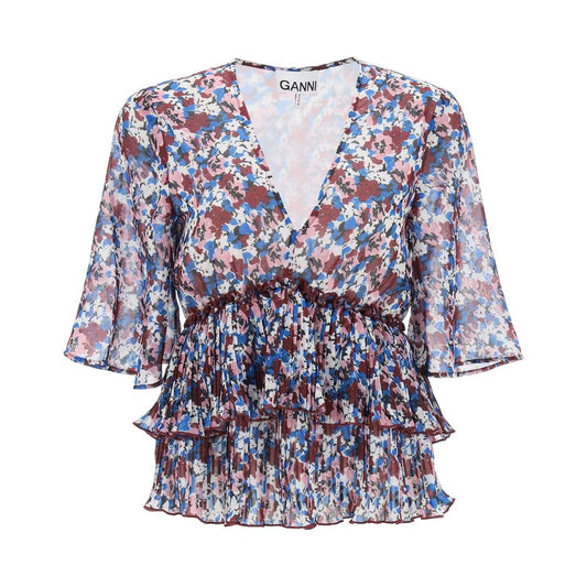 Ganni pleated blouse with floral motif Topwear Ganni