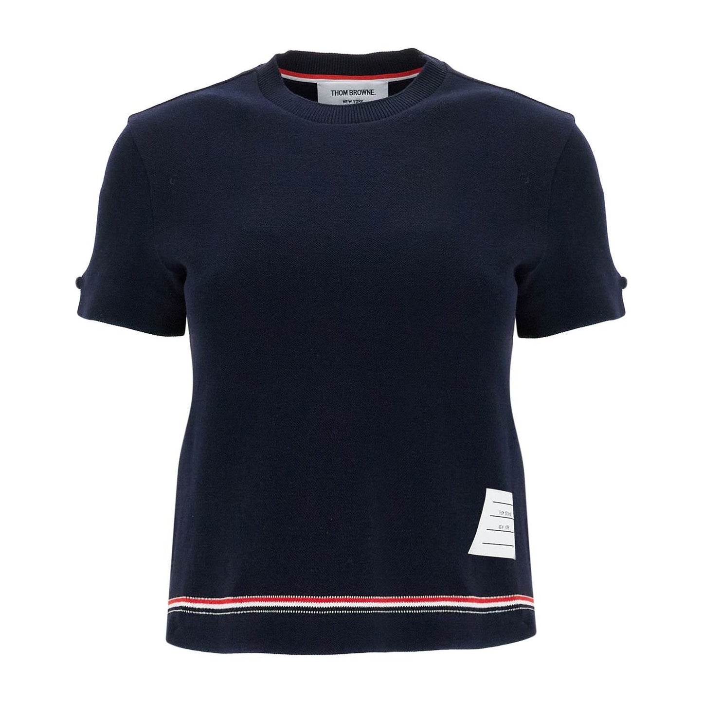 Thom Browne navy blue piqué cotton t-shirt with tricolor stripe Topwear Thom Browne