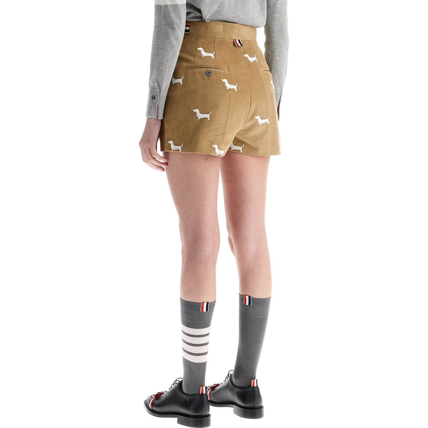 Thom Browne khaki corduroy shorts with white dog pattern Short trousers Thom Browne