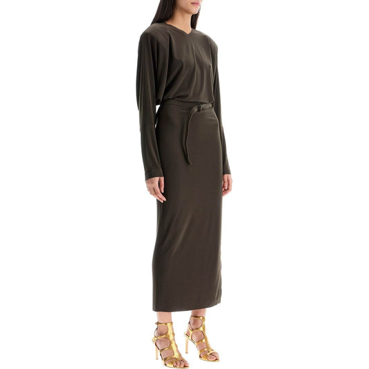 Norma Kamali brown midi slim long dress with v-neck and side slit Dresses Norma Kamali