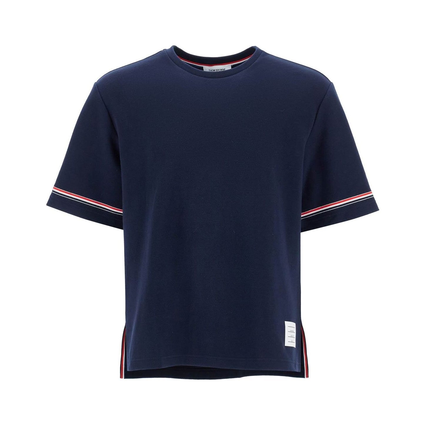 Thom Browne navy blue striped cotton t-shirt with wide neck Topwear Thom Browne