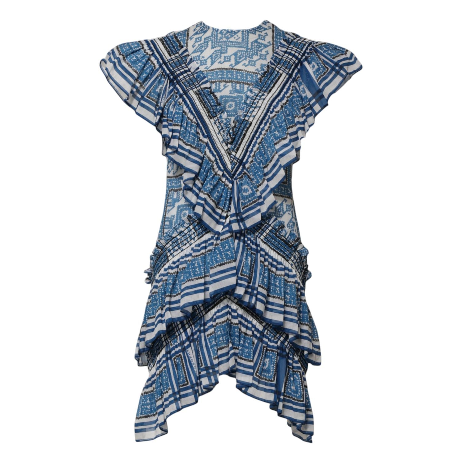 Philosophy di Lorenzo Serafini Blue Patterned Layered Short Sleeves Mini Dress