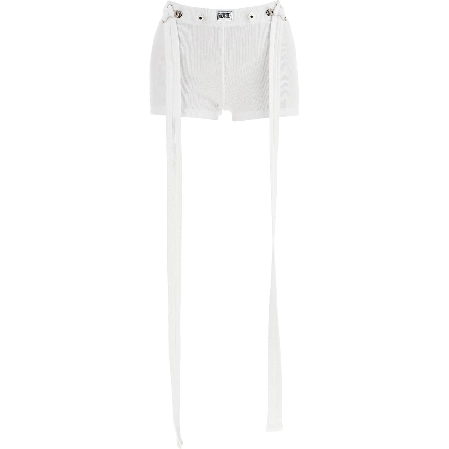 JEAN PAUL GAULTIER white cotton shorts with logo patch*** ribbed fabric*** above the knee