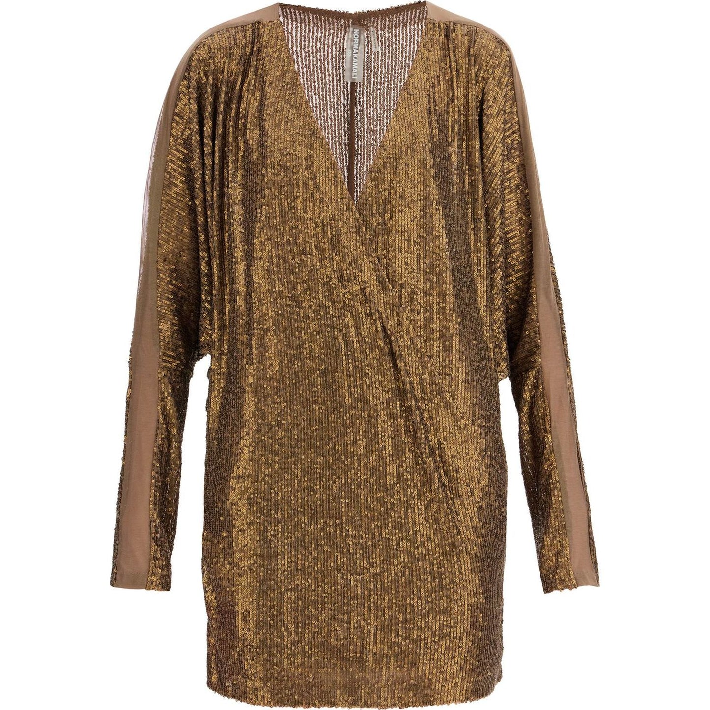 Norma Kamali mini wrap dress with v-neck long sleeves shimmering bronze cocktail Dresses Norma Kamali