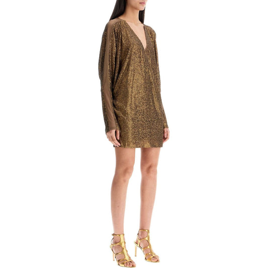 Norma Kamali mini wrap dress with v-neck long sleeves shimmering bronze cocktail Dresses Norma Kamali