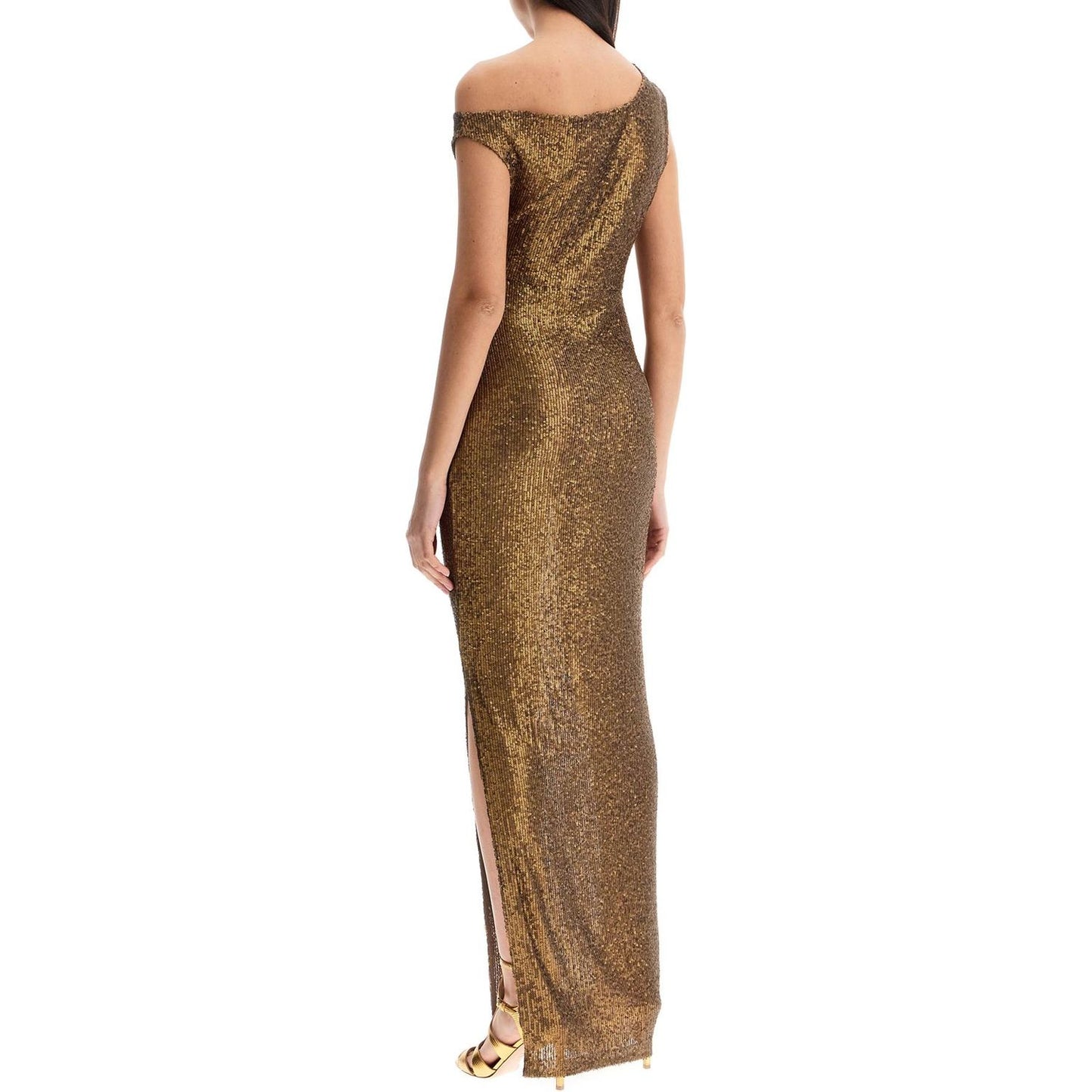 Norma Kamali abito lungo monospalla con spacco bronzo scintillante Dresses Norma Kamali