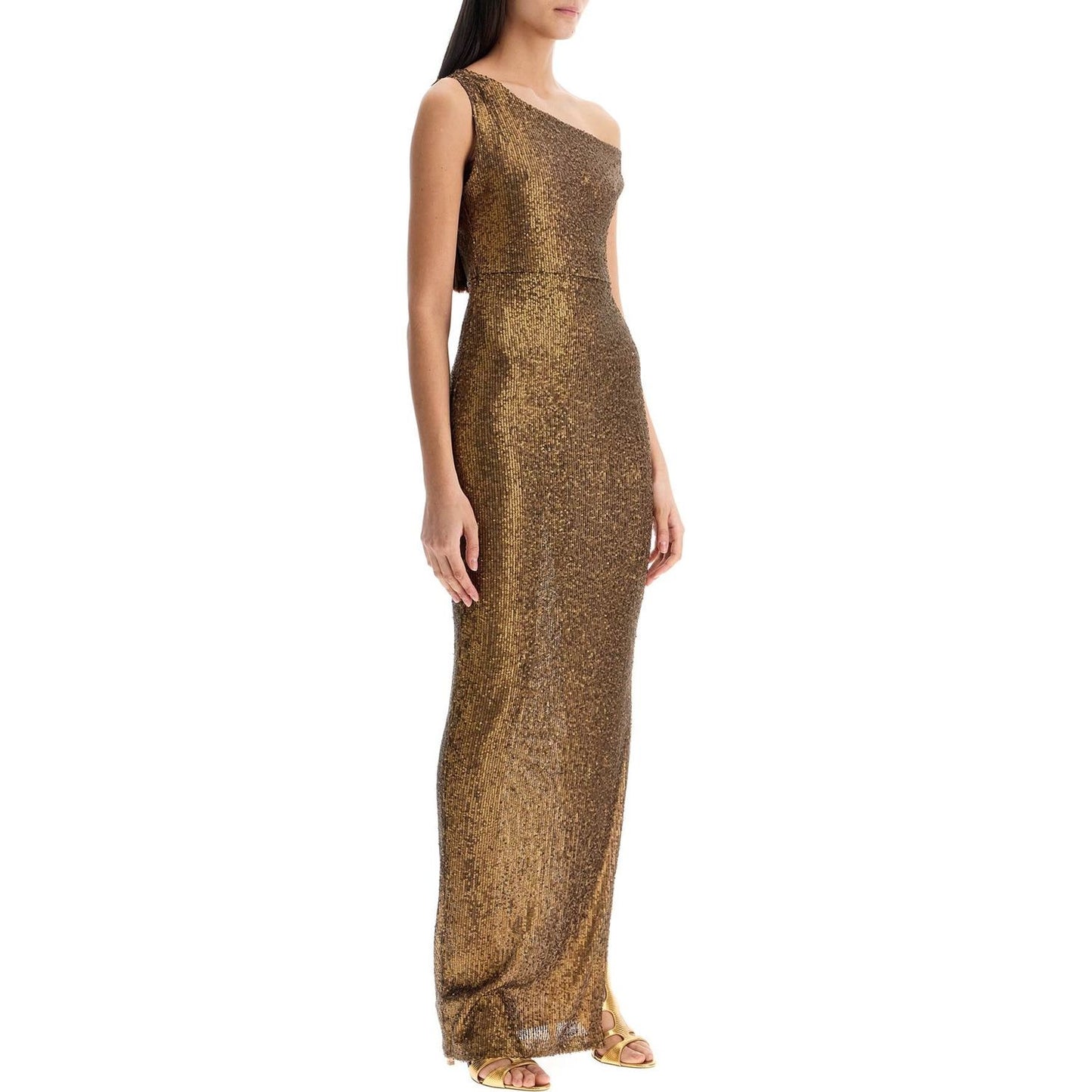 Norma Kamali abito lungo monospalla con spacco bronzo scintillante Dresses Norma Kamali