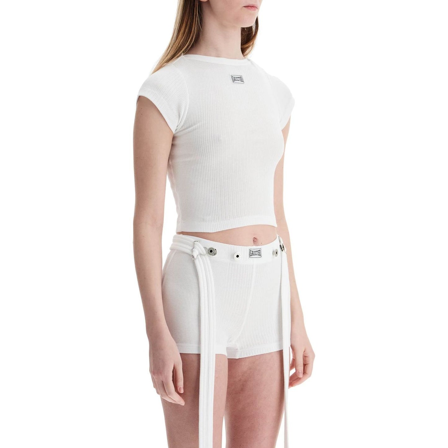 JEAN PAUL GAULTIER white cotton crop t-shirt with gaultier logo