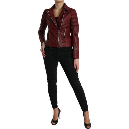 Dolce & Gabbana | Bordeaux Leather Biker Coat Lambskin Jacket| McRichard Designer Brands   