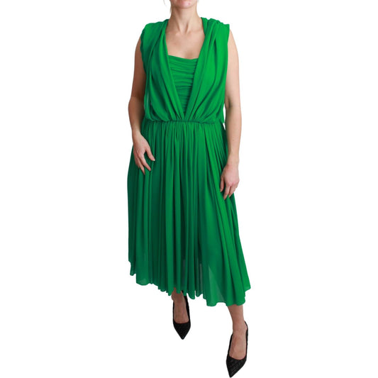 Dolce & Gabbana | 100% Silk Green Sleeveless Pleated Maxi Dress | McRichard Designer Brands