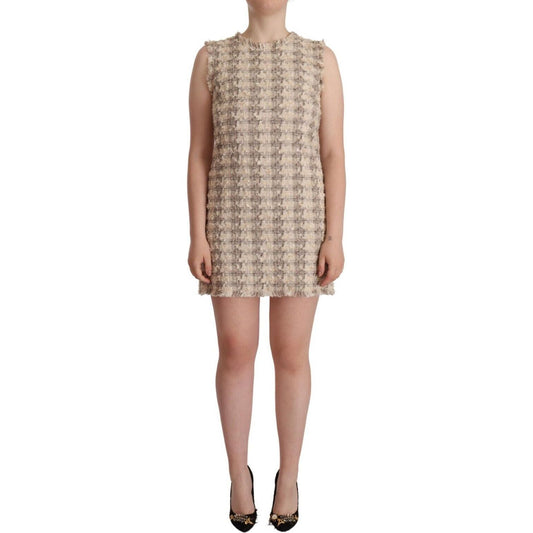 Dolce & Gabbana | Beige Checkered Sleeveless Mini Shift Dress  | McRichard Designer Brands