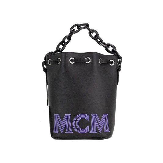MCM | Mini Black Purple Smooth Leather Chain Shoulder Drawstring Bucket Handbag| McRichard Designer Brands   